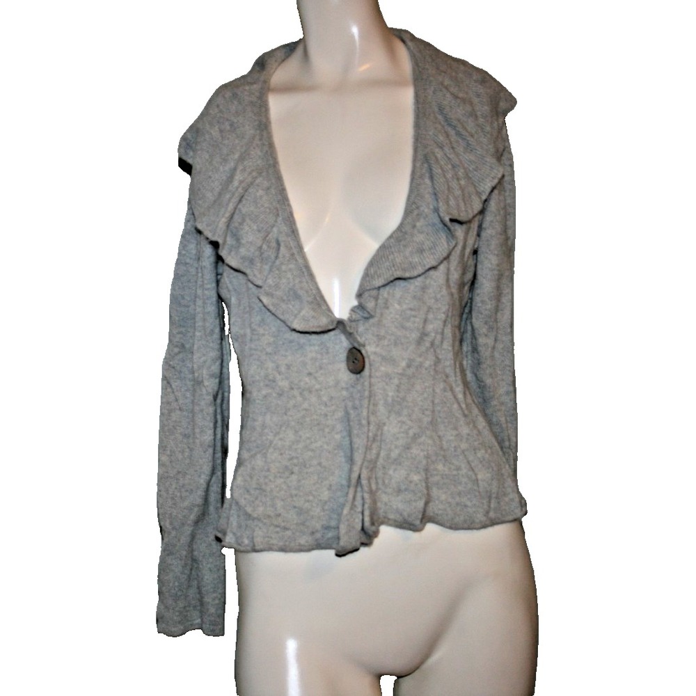 Lauren Hansen GRAY 100% CASHMERE BIG RUFFLES CARDIGAN SWEATER TOP Large